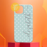 Mini Polka Dots mit Skriptgrau-Namen pastel aquama Case-Mate iPhone 14 Hülle<br><div class="desc">Ein feminines und mädchenhaftes Punkt-Design mit einem Namen in einem handgeschriebenen,  kalligraphischen Schriftart. Der Name ist eine große Signatur auf der Titelseite mit einem weichen,  winzigen Polka-Punktmuster im Hintergrund. Sie können die Farbe ändern,  indem Sie auf den gewünschten Bereich klicken und eine andere Farbe für den Hintergrund auswählen.</div>