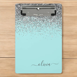 Mini Porte-bloc Aqua Bleu - Monogramme Pailleté Turquoise et Argen