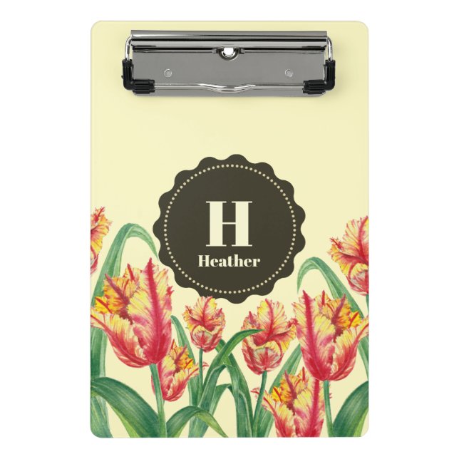 Mini Porte-bloc Aquarelle Tulipes de perroquets jaunes Monogramme  (Devant)