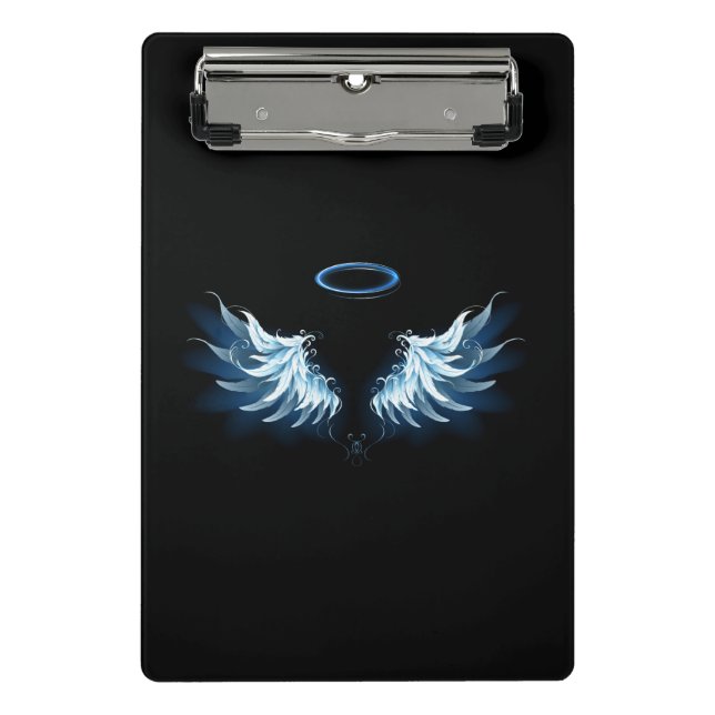 Mini Porte-bloc Blue Glowing Angel Wings on black background (Devant)