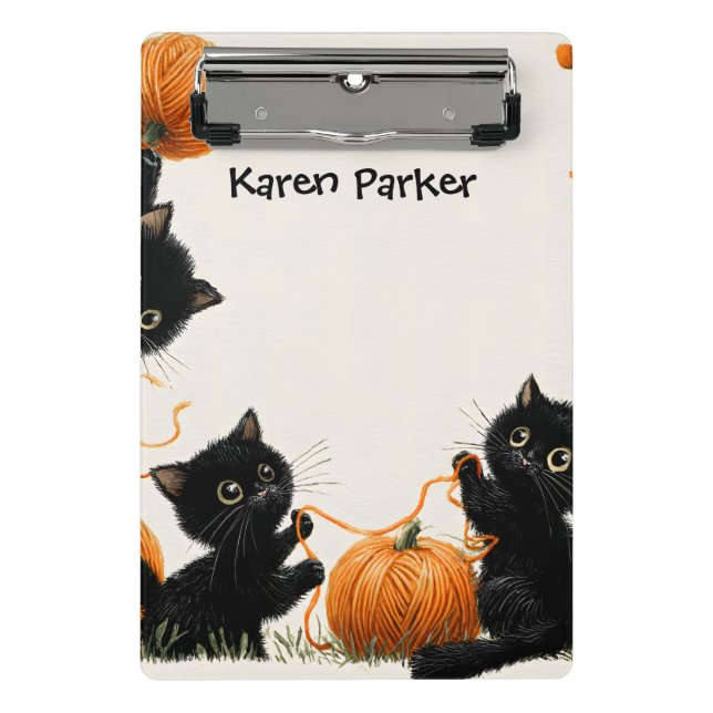 Mini Porte-bloc Chat noir avec boule en fils orange inspirée par l (Devant)