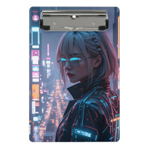 Mini Porte-bloc Cyberpunk Cityscape Poster Futuriste Femme Hacke