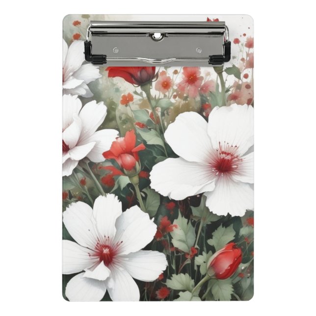 Mini Porte-bloc Fleurs blanches et rouges Elégante aquarelle (Devant)