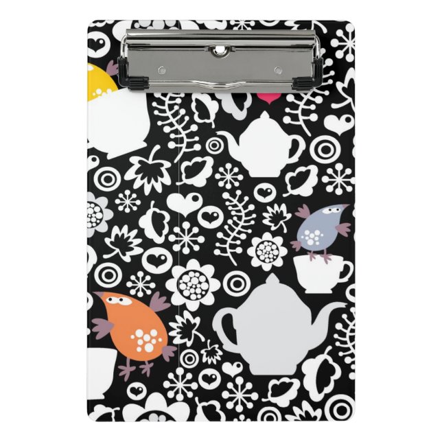 Mini Porte-bloc Motif d'oiseaux et de tasses (Devant)