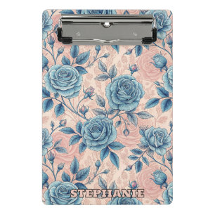 Mini Porte-bloc Motif Rose bleu rétro sur Arrière - plan rose doux