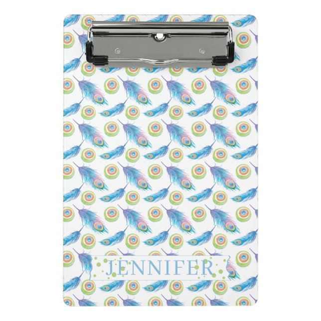 Mini Porte-bloc Nom personnalisé Blue Peacock Feathers Arrière - p (Devant)