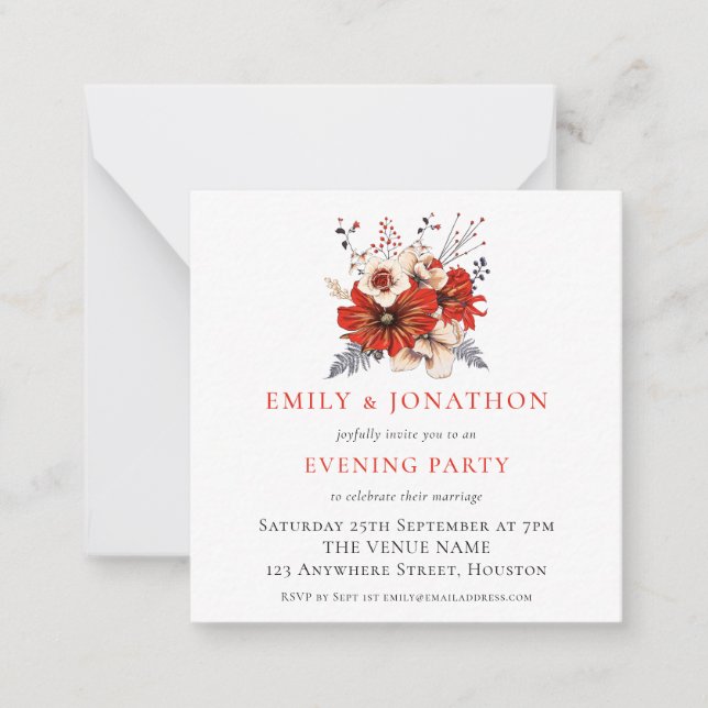 MINI | Red Florals Wedding Abend Party Einladung (Vorderseite)