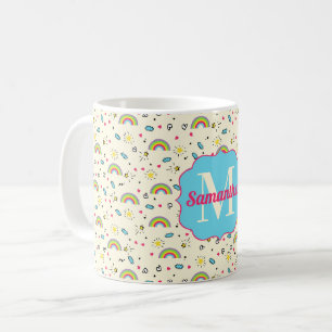 Mini-Regenbogen-Wurf auf Gelbem Retro-Muster-Monog Kaffeetasse