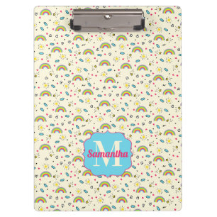 Mini-Regenbogen-Wurf auf gelbem Retro-Muster-Monog Klemmbrett