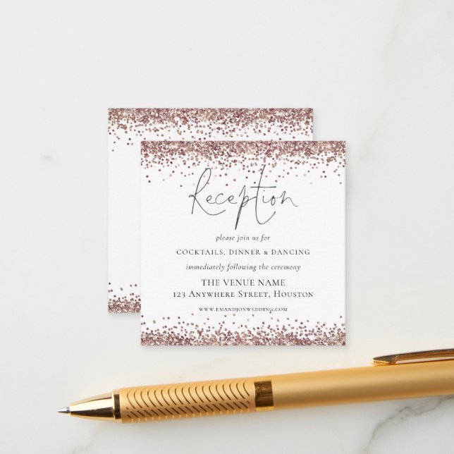 MINI Rose Gold Glitzer Hochzeitsempfehlung Details Begleitkarte (Vorderseite/Rückseite Beispiel)