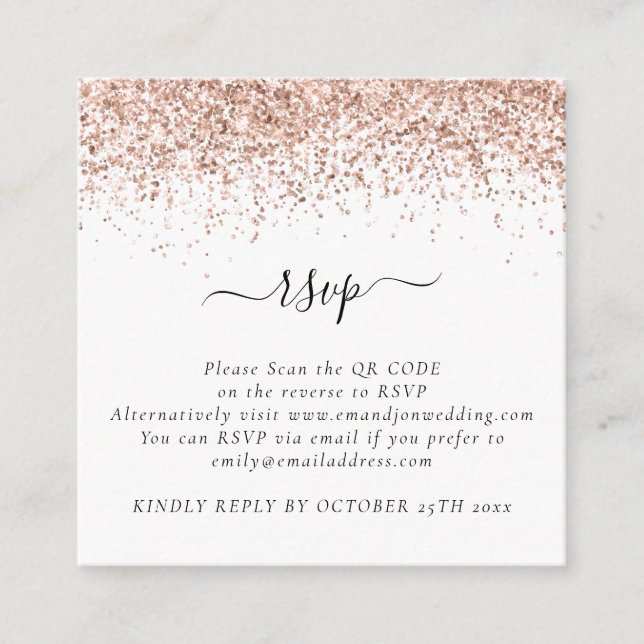 Mini Rose Gold Glitzer QR Code Hochzeit RSVP Begleitkarte (Vorderseite)