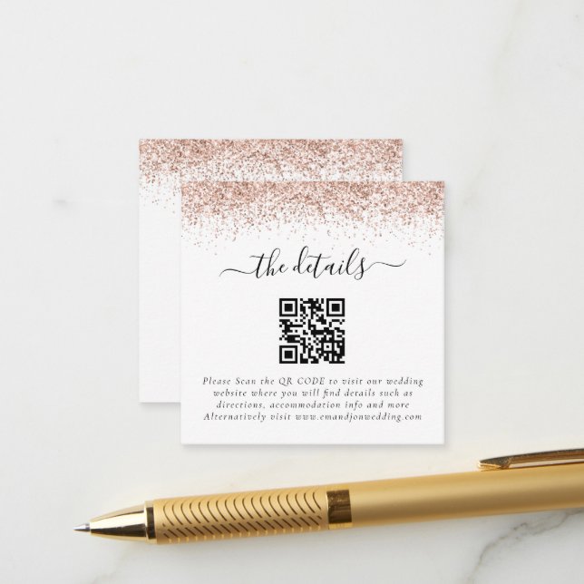Mini Rose Gold Glitzer QR Code Hochzeitdetails Begleitkarte (Vorderseite/Rückseite Beispiel)