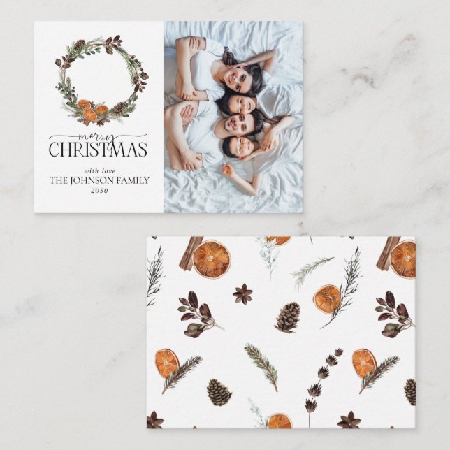Mini Rustic Orange Wreath Foto Frohe Weihnachten Mitteilungskarte (Vorne/Hinten)