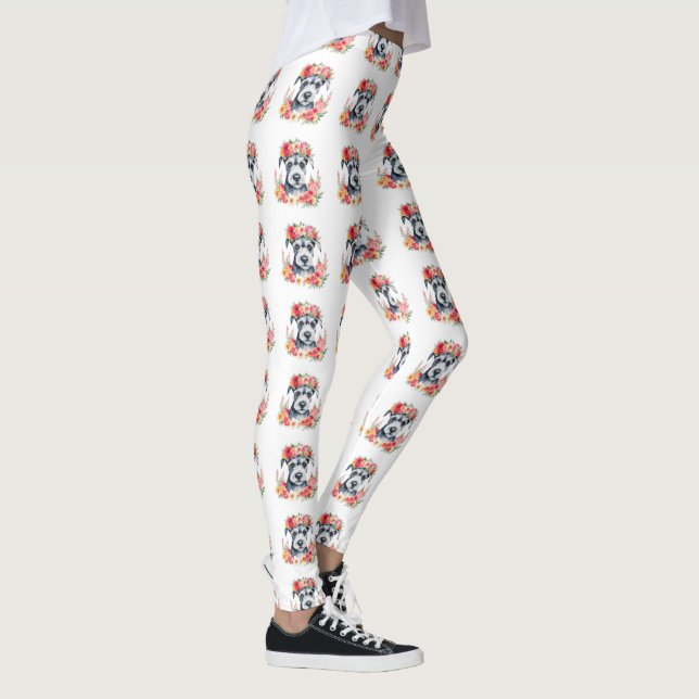Mini Schnauzer Blume Rosa Gelbpfirsichfarben Leggings (Rechts)