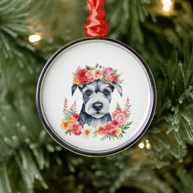 Mini Schnauzer Pink Blume Kronengelb Ornament Aus Metall (Baum)