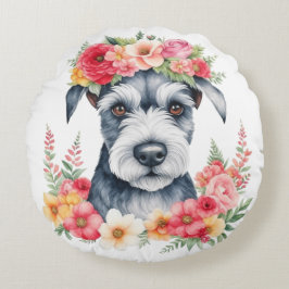 Mini Schnauzer Pink Blume Kronengelb Rundes Kissen