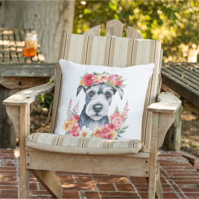 Mini Schnauzer Pink Rosa Pfirsich Weiße Blume Kissen (Stuhl )