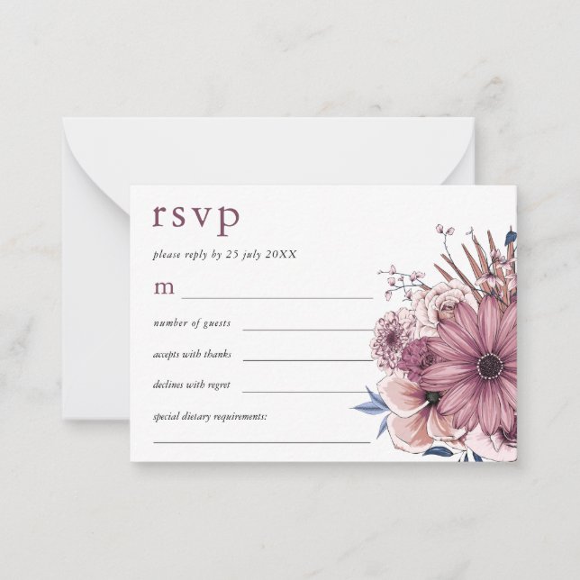 MINI SIZE Lila Berry Florals Wedding RSVP Mitteilungskarte (Vorderseite)