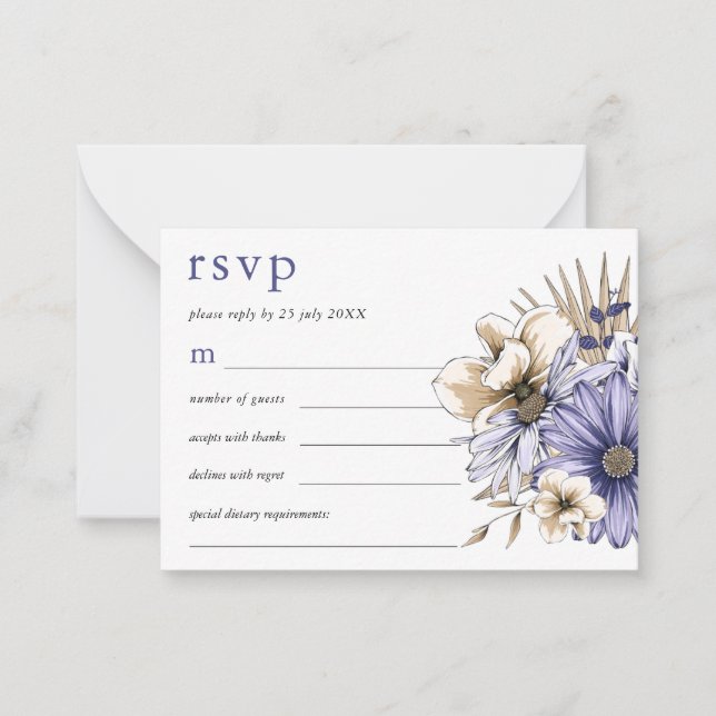 MINI SIZE Lila Creme Florals Wedding RSVP Mitteilungskarte (Vorderseite)