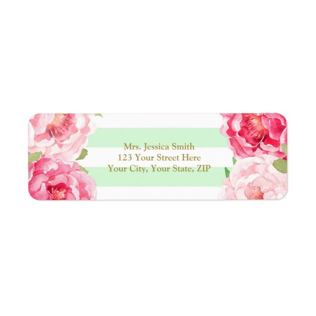 Mini Stripe Gold Pink Floral Rücksendeadresse Etik (Vorne)