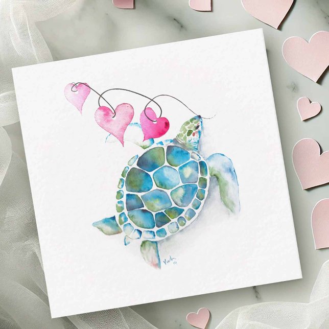 Mini Tortue de mer Valentines Cartes de jour (Beach Valentines cards with watercolor sea turtle and hearts)