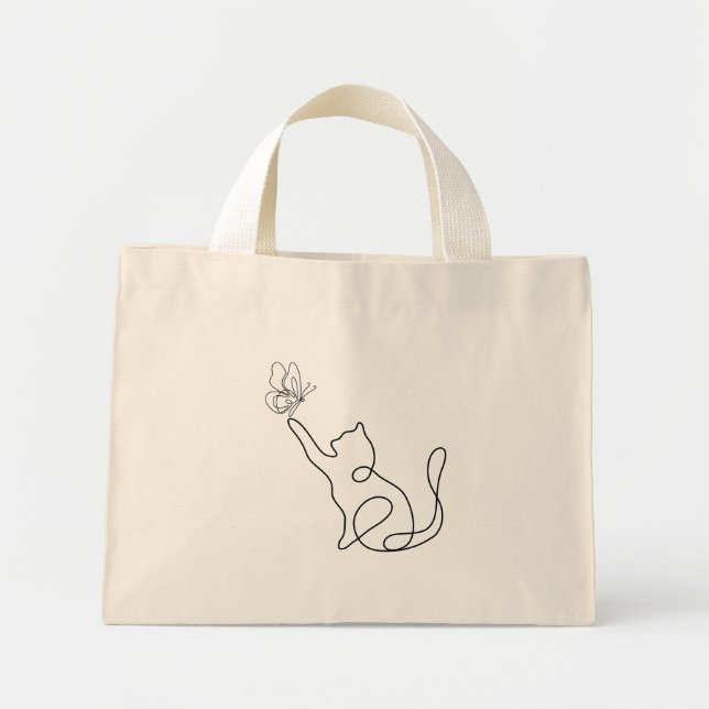 Mini Tote Bag Amusant mignon petit chat joue avec un papillon (Devant)