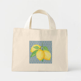 Mini Tote Bag Aquarelle jaune Citrons Bleu Carrelage méditerrané