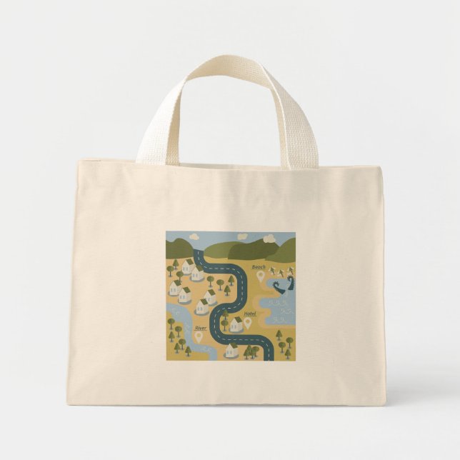 Mini Tote Bag Caricature élégante paysage carte de voyage (Devant)