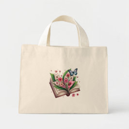 Mini Tote Bag Dessin Open Book et Blossom avec papillon