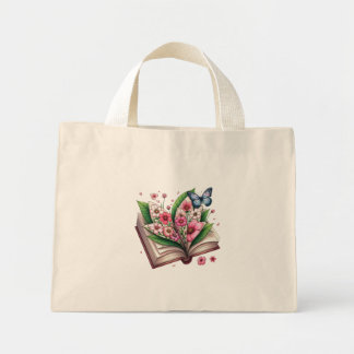 Mini Tote Bag Dessin Open Book et Blossom avec papillon