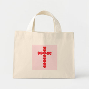 Mini Tote Bag Dieu Aima Tant le Monde Cœur Rouge Croix Rose Nom