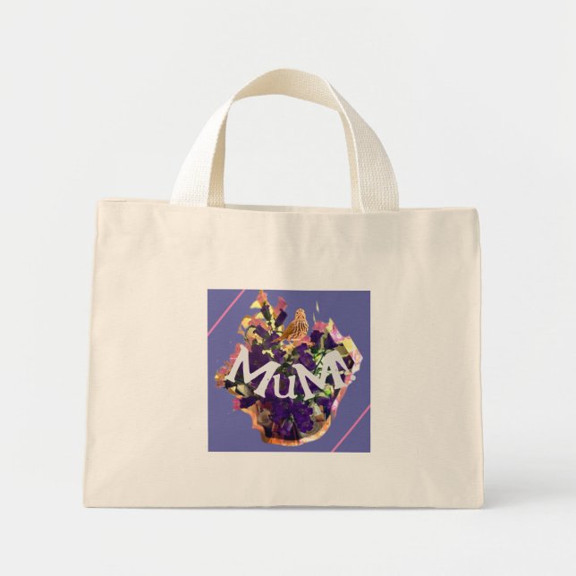 Mini Tote Bag Fleurs violettes et oiseaux (Devant)