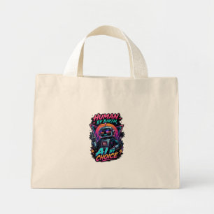 Mini Tote Bag Humain de naissance, IA par choix, néon robotique
