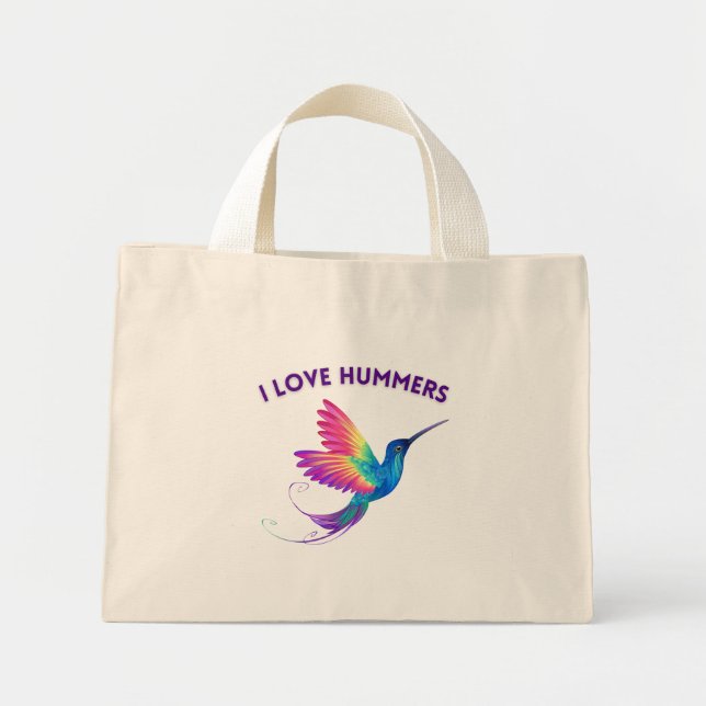 Mini Tote Bag I Love Hummers Exotic Rainbow Hummingbird Flying (Devant)