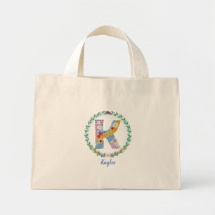 Mini Tote Bag Lettres de fleurs Initiale "K" avec nom personnali