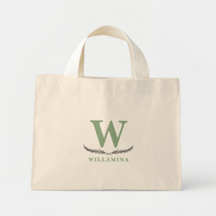 Mini Tote Bag Monogramme botanique personnalisé Vert initial