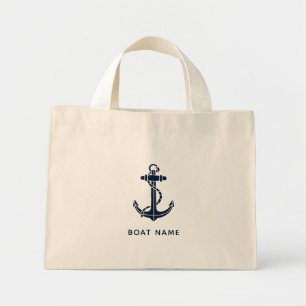 Mini Tote Bag Nom de bateau personnalisé ancre bleu marine nauti