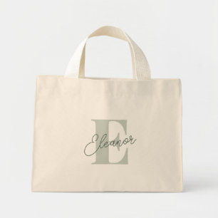 Mini Tote Bag Nom personnalisé Monogramme Vert Sauge Script