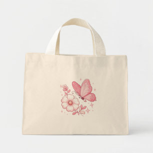 Mini Tote Bag Papillon rose et fleurs
