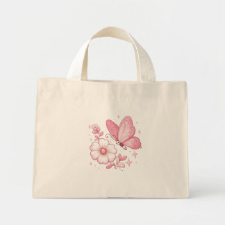 Mini Tote Bag Papillon rose et fleurs