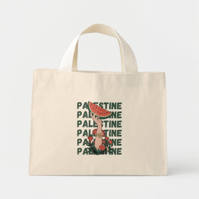 Mini Tote Bag pastèque, fleurs et palestine libre Répéter (Devant)