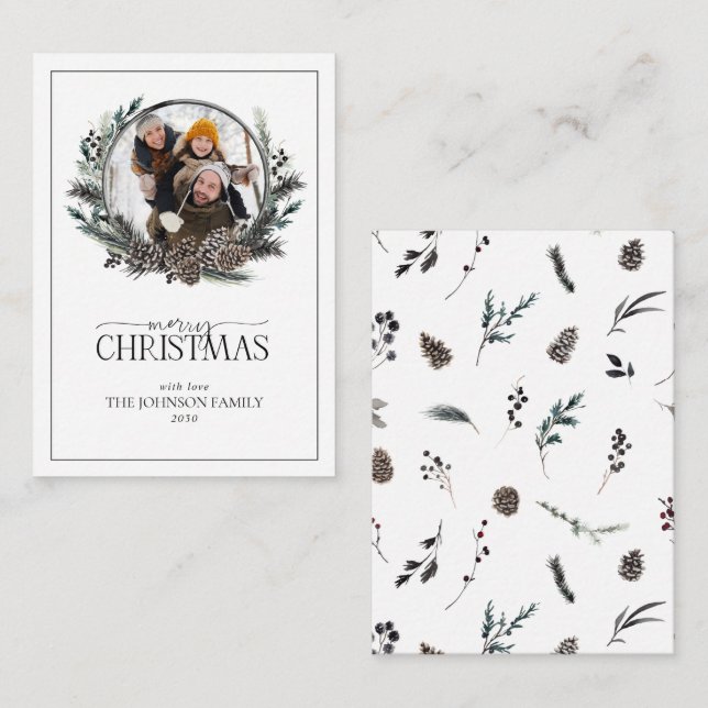 Mini Winter Family Foto Wreath Frohe Weihnachten Mitteilungskarte (Vorne/Hinten)