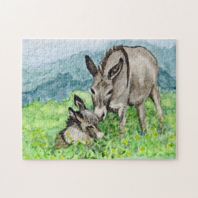 Miniatur-Donkey-Mama und Baby-Aquarell-Kunst (Horizontal)