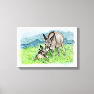 Miniatur-Donkey-Mama und Baby-Aquarell-Kunst Leinwanddruck