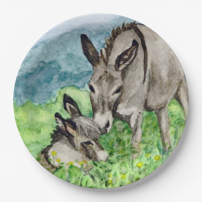 Miniatur-Donkey-Mama und Kinderwasserart Pappteller (Vorderseite)