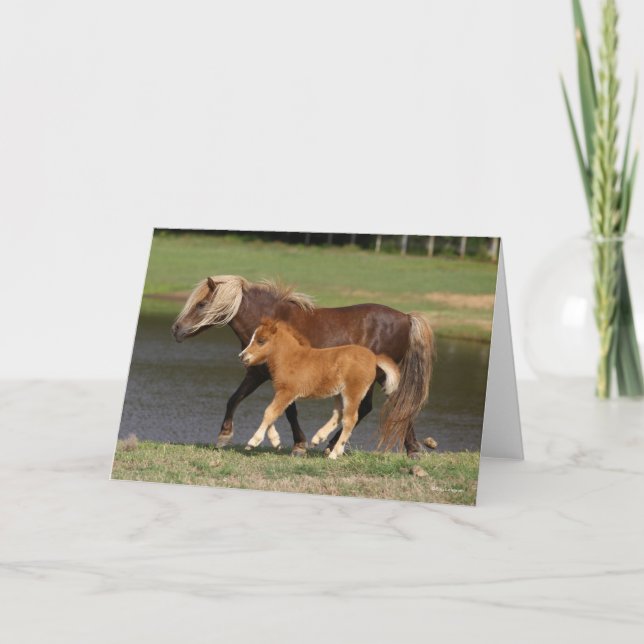 Miniatur Mare and Foal Walking am See Karte (Vorderseite)