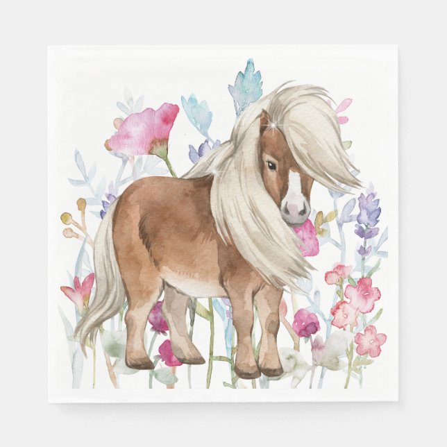 Miniatur Pferd und Wildblumen Papier Napkins Serviette (Vorderseite)