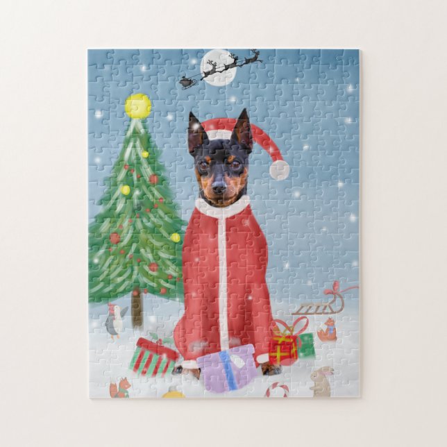 Miniatur Pinsch Hund im Schnee mit Weihnachtsgesch (Vertikal)