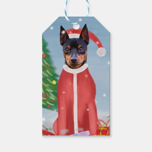 Miniatur Pinsch Hund im Schnee mit Weihnachtsgesch Geschenkanhänger (Vorderseite)
