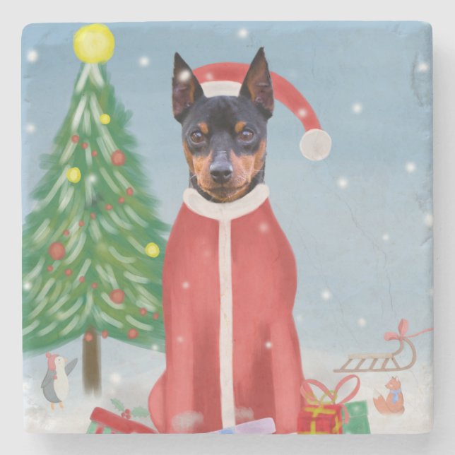 Miniatur Pinsch Hund im Schnee mit Weihnachtsgesch Steinuntersetzer (Vorderseite)